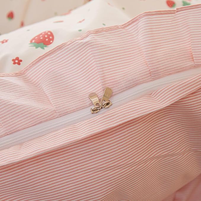 HighBuy Queen Comforter Set Strawberry Print Bedding Comforter Ruffled Lace Bedding Set Fluffy Fruit Comforters Pink Stripes Comforter Sets,1 Soft Romantic Ruffle Comforter with 2 Pillowcases