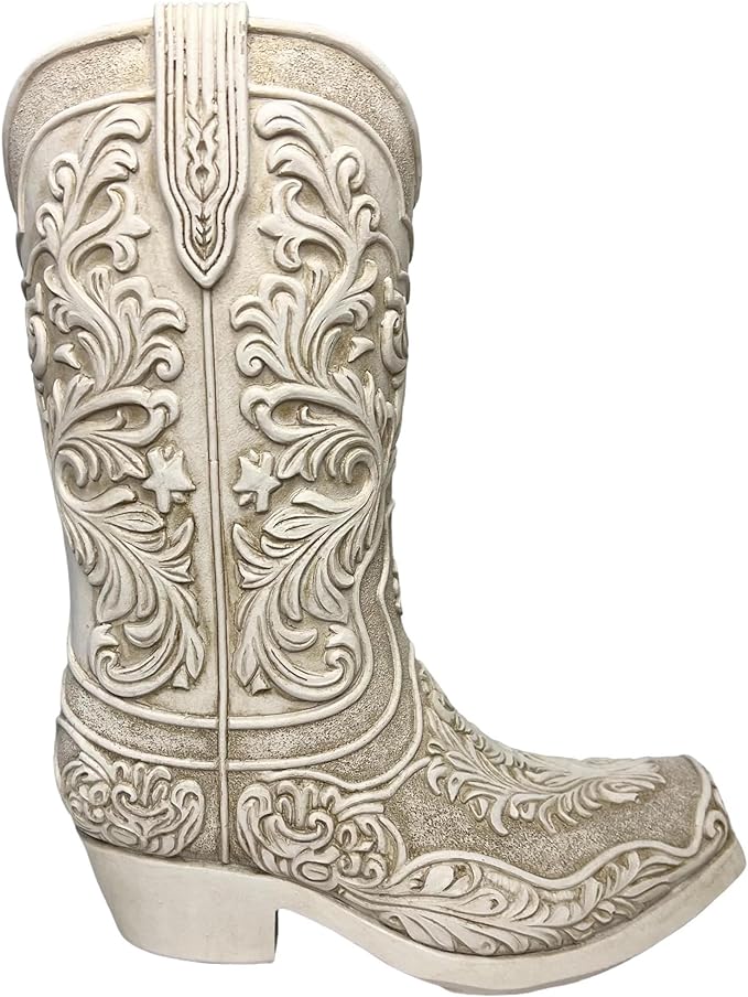 Cowgirl Boot Flower Vase – 9” Tall Antique White Finish with Intricate Tooled Leather Detailing - Decorative Western Cowboy Modern Rustic Decor