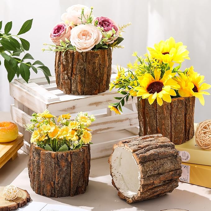 12 Pcs Wooden Vase for Centerpieces Christmas Table Decor Wooden Flower Vase Rustic Bark Stump Buckets Vintage Wood Planter Pots for Xmas Woodland Party Wedding Window Home Farmhouse (Large)