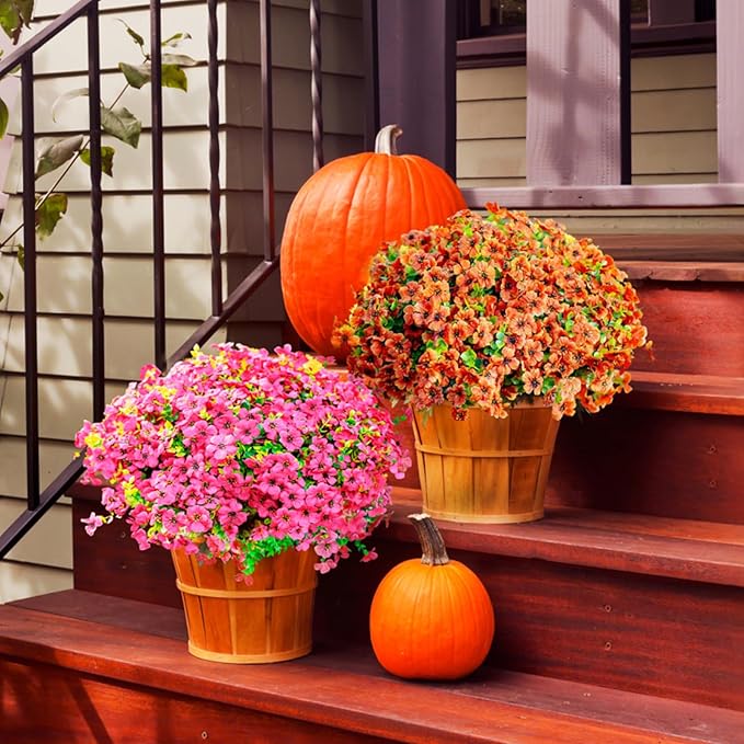 Artificial Fake Plants Flowers for Outdoor Fall Autumn Decoration,16 Bundles Fake Plants UV Resistant No Fade Faux Plastic Greenery Boxwood Porch Patio Fall Mums Home Decor