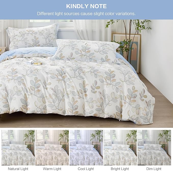 SAPHREAS Botanical Leaves Printed Duvet Cover Full Size 3pcs Blue Leaf Cotton Garden Style Bedding Comforter Cover Set 1 White Duvet Cover 80"x90" 2 Pillow Shams, Comforter Not Included