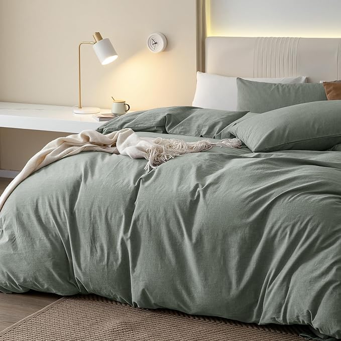 JIYUAN 100% Washed Cotton Duvet Cover Set 3 Pieces Full, 1 Duvet Cover 80x90 Inches(Comforter Not Included) and 2 Pillowcases,Linen Feel Bedding Set Comfy and Breathable, Heathered Green