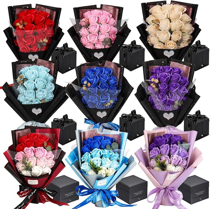 EIGHTOWN Roses Bouquet Artificial Flower - Preserved Red Flowers with Love Necklace for Her - Unique Gifts Valentine's Day, Mother's Day, Thanksgiving, Birthday, Anniversary… (Hotpink)