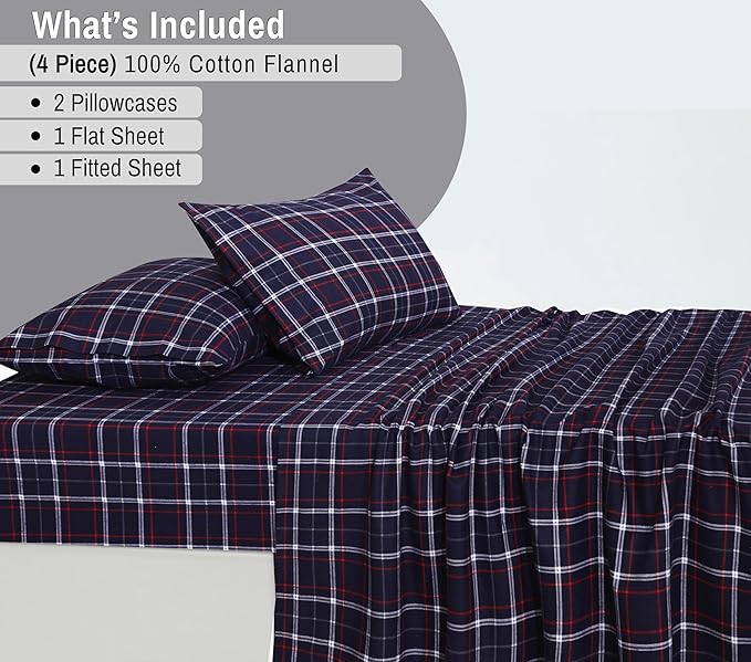 RUVANTI Flannel Sheets Full Size - 100% Cotton Double Brushed Bed Sheets Set, Deep Pockets 16 Inches, All Seasons Breathable & Extra Soft Full Sheets, Warm & Cozy, 4 Piece, Yankees Blue