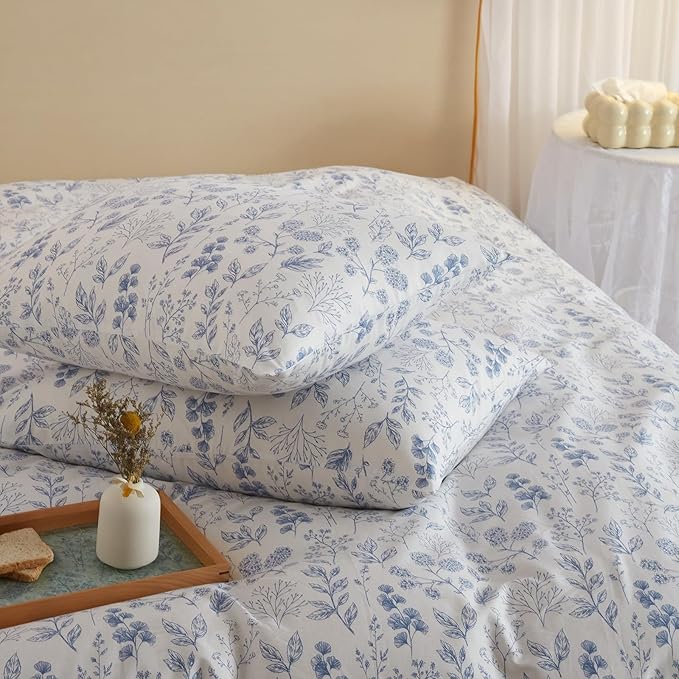 Twin Size Cute White Duvet Cover with Blue Floral Print,Coquette Bedding Set Soft Cotton Comforter Cover Boho Style,Aesthetic Twin Bedding Set with Zipper Closure 4 Ties