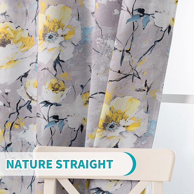MYSKY HOME Floral Curtains 84 inches Length 2 Panels, Yellow and Grey Curtains for Living Room/Bedroom, Thermal Insulated Light Blocking Grommet VintageDrapes for Dining Room, 52 x 84 Inch,