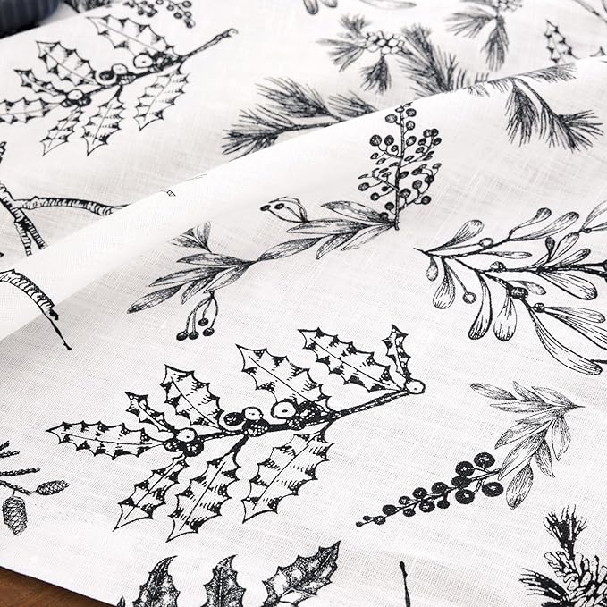 Solino Home 100% Pure Linen Christmas Table Runner 72 Inches Long - Black/White Table Runner 14 x 72 Inch - Handcrafted and Machine Washable - Winter Forest Print
