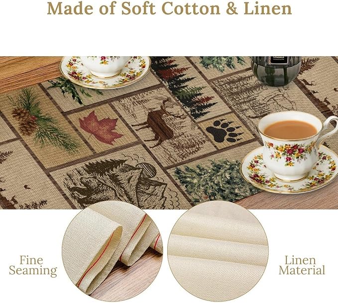 Rustic Cabin Table Runner, Farmhouse Deer Bear Retro Pine Forest Wooden Plank Wild Animal Seasonal Coffee Table Center Decor for Home Kitchen Dining Patio Holiday Party Table Decorations 13x72 inches