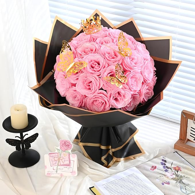 Waipfaru Glitter Roses Bouquet, DIY Fake Flowers Bouquet, Birthday Gifts for Women Mom, 36 Pcs Pink Rose for Grandma Wife Girlfriend Valentines, Mothers Day, Anniversary, Graduation