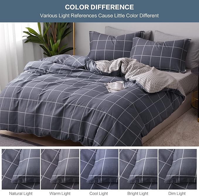 SAPHREAS Geometric Gray Plaid Duvet Cover Set Queen Size 3pcs Dark Grey Grid Cotton Bedding Comforter Cover Set 1 Duvet Cover 2 Pillow Shams