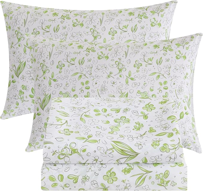 Bedlifes Twin Sheet Set Ultra Soft, Breathable, Silky Flower Deep Pocket 100% Microfiber Bedding, 3 Piece Twin Size Green Floral