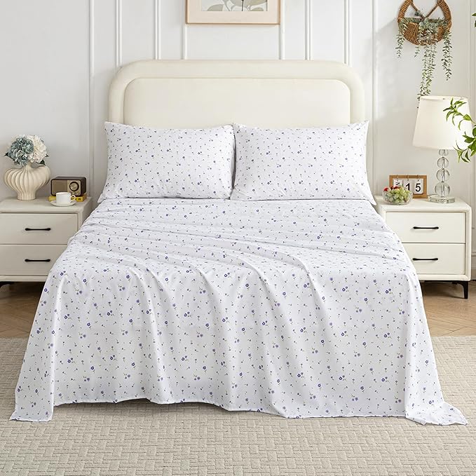 Softan Purple Floral Twin Size Sheet Set, 3 Pieces Microfiber Single Bed Sheets for Girls, Cozy Fitted Sheet with 15" Deep Pockets & Non-Slip Straps, Cute Purple Flower Sheets & Pillowcase Set