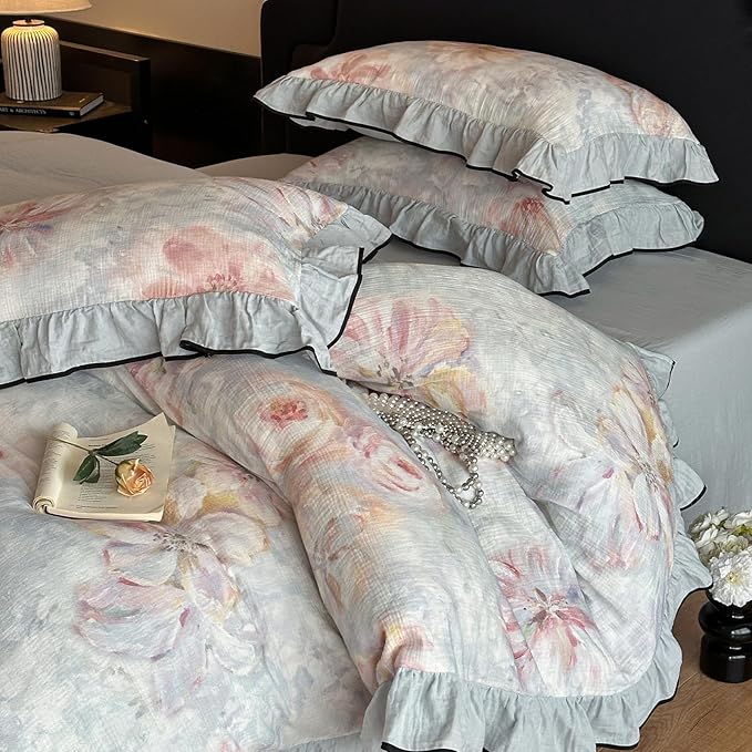 HighBuy Girl Floral Linen Duvet Cover Queen,Boho Floral Blue Coquette Bedding with Ruffle Lace,Yarn-Dyed Textured Duvet Cover Set French Farmhouse Bedding Cooling Breathable for Hot Sleepers