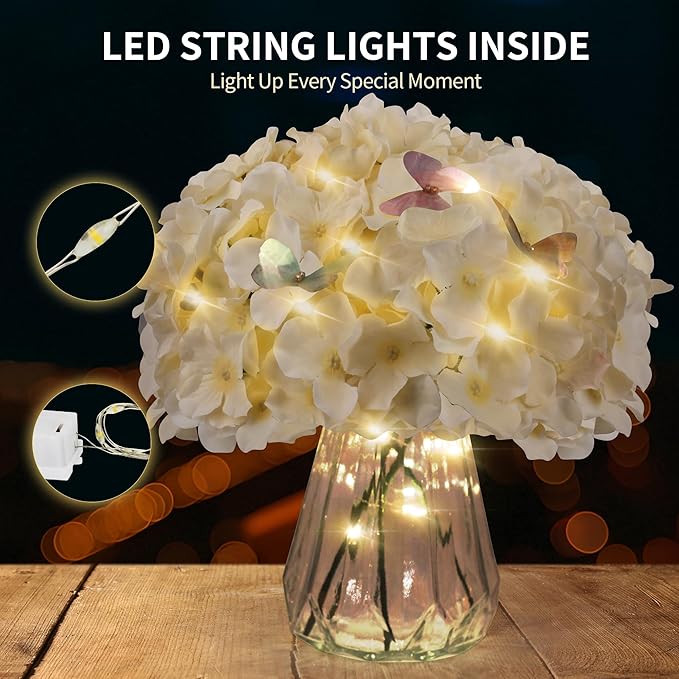 64PCS Artificial Hydrangea Flowers with Stems, Silk Hydrangea Heads with LED Decorative Lights, Crystal Strings & Butterfly Accents for Wedding Centerpieces and Home Decor(64, Champagne)