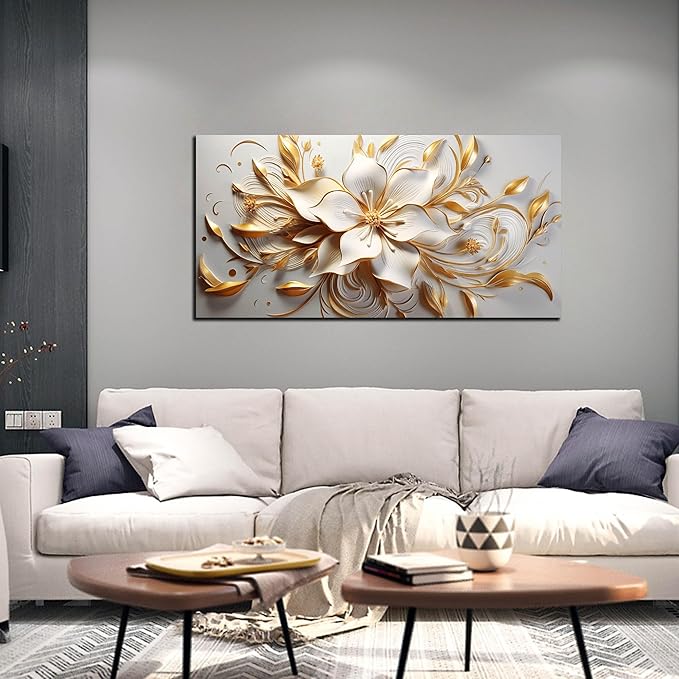 Flower Painting Wall Decor Living Room White and Gold Wall Art for Bedroom Modern Art Wall Decor Office Size 20" x 40"
