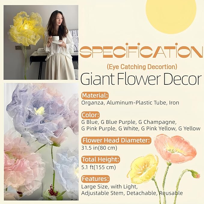 Giant Flowers for Decoration, 5 ft Large Organza Floral with LED Light, for Wedding Arrangements, Birthday Christmas Party Backdrop Decor, Photography Props, Shop Display, Pink Purple