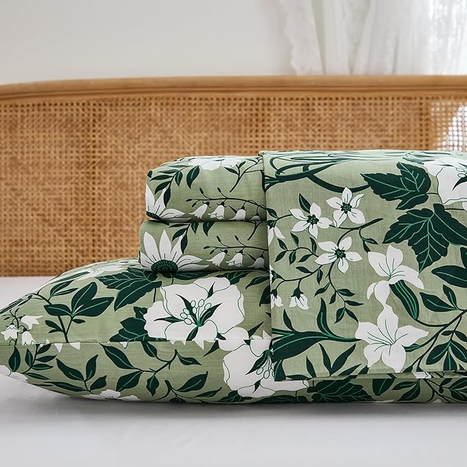 100% Cotton Sheet Set Queen Size – 4-Piece Luxury Forest Green Floral Bedding, Soft Breathable Percale Weave, Deep Pocket Fitted Sheet 17.5", Crisp Cool Feel, Refined Botanical Elegance