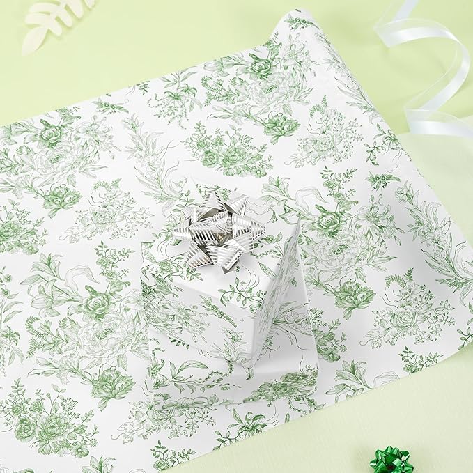 WERNNSAI Flower Gift Wrapping Paper Roll - 1 Roll 17”x 33 ft Bouquet Wrapping Paper Green Floral Wrapping Paper for Girls Birthday Party Women Wedding Gift Wrap Supply