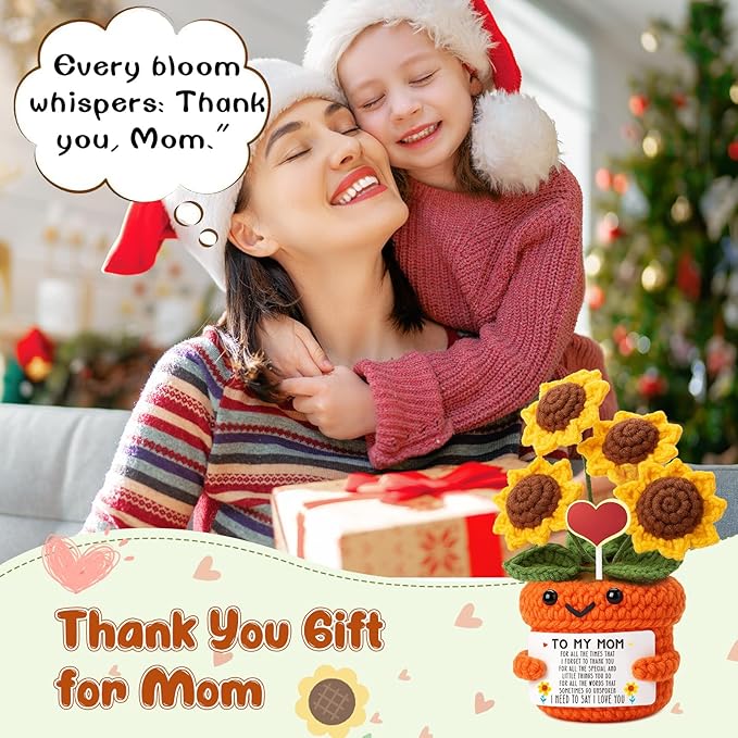 Mini Sentimental Gifts for Mom – Handmade Crochet Sunflower Mothers Day Birthday Gifts for Mom from Daughter Son Thank You Appreciation Gift You Are Loved Positive Reminder Christmas Stocking Stuffers