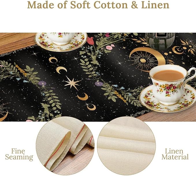 Gothic Moth Table Runner, Boho Gothic Sun Moon Phase Wildflower Mystical Witchy Farmhouse Coffee Table Center Decor for Home Kitchen Dining Patio Holiday Party Table Decorations 13x108 inches