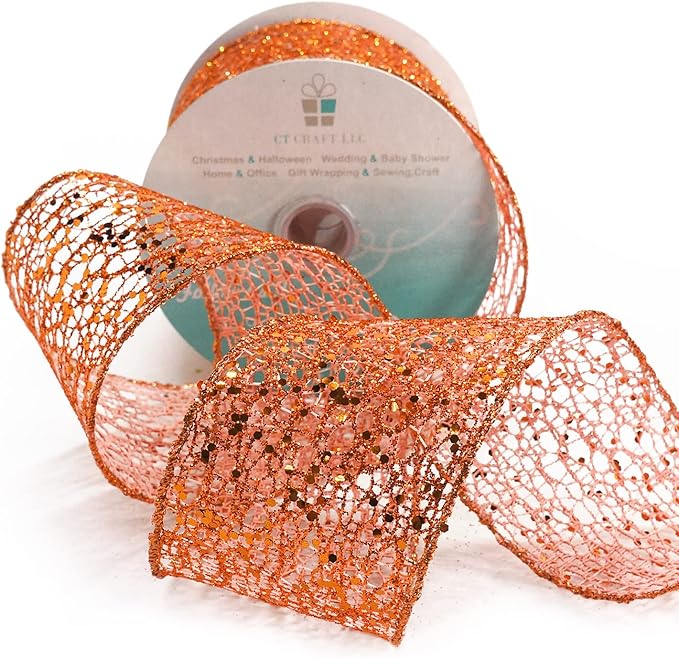 CT CRAFT LLC Sparkling Glitter Mesh Wired Ribbon 2.5" x 10 Yards Bronze Orange for Christmas Home Decor Bow Gift Wrapping DIY Crafts Wreath
