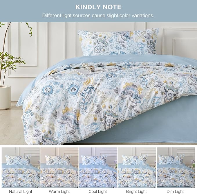 SAPHREAS Blue Floral Duvet Cover Set 2pcs Twin Size Geometric Pattern Botanical Blossom Bedding Comforter Cover Set 100% Cotton 1 Duvet Cover 68"x90" 1 Pillow Sham, Comforter Not Included