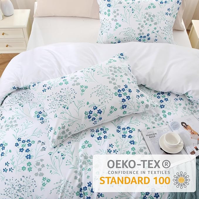 Duvet Cover King Size, Reversible Floral Vintage Duvet Cover Set with Zipper Closure, 3 Pieces Botanical Patterns Soft Microfiber Bedding Set (90"x104", 2 Pillow Cases 20"×36", Small Blue Flower)