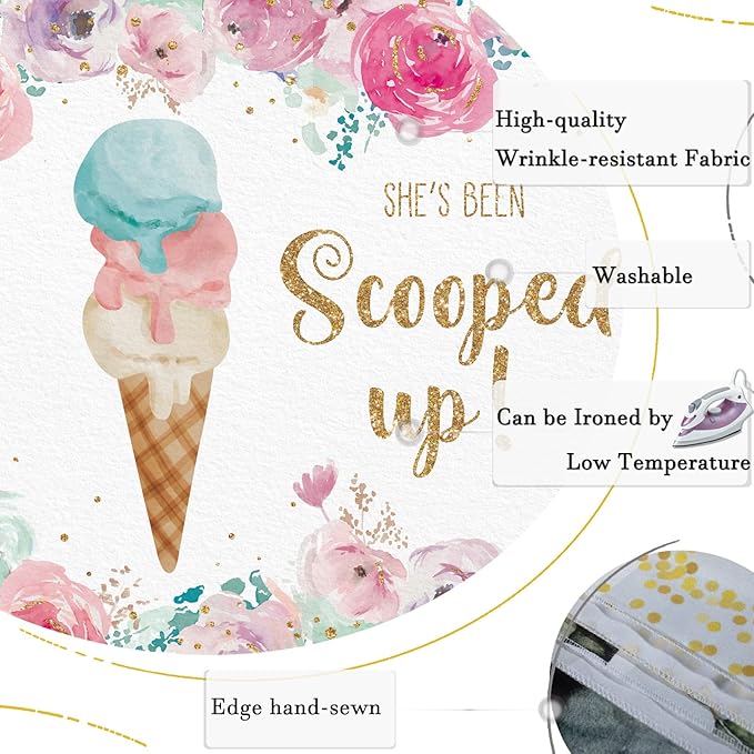 She's Been Scooped Up Backdrop Ice Cream Bridal Shower Party Pink Flowers Summer Photography Background Supplies Decorations Gift Floral Cake Table Banner Photo Booth Studio Props 7x5ft