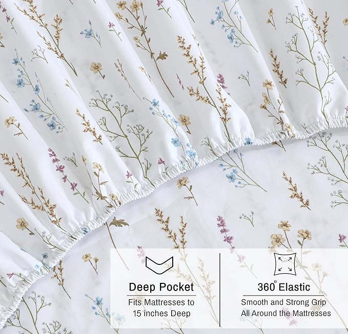 RUVANTI 100% Organic Cotton Sheets Split King, Percale Weave, GOTS Certified, 5-Piece Set, Deep Pocket 15", Crisp & Breathable, Soft Durable Bedding, Sábanas Algodón Orgánico – Field Flower