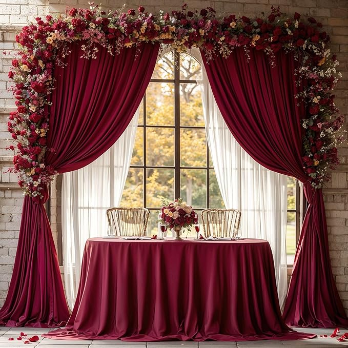 Burgundy Backdrop Curtains 6 Panels - Wrinkle-Free Polyester Photography Drapes for Baby Shower & Birthday Party - 24 X 10FT