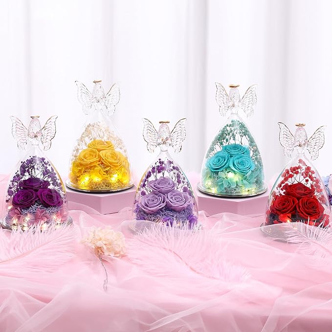 Mothers Day Mom Gifts for Women Preserved Flowers in Glass Angel Forever Flowers Gifts Eternal Roses Gifts for Grandma - Red