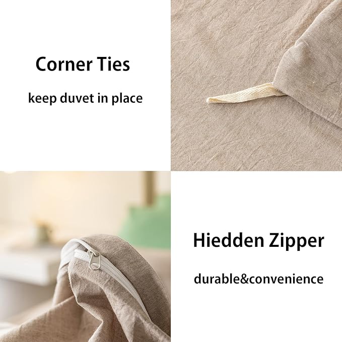 JIYUAN 100% Washed Cotton Duvet Cover Set Comfy Simple Style Soft Breathable Textured Durable Linen Feel Bedding for All Seasons Queen, Taupey