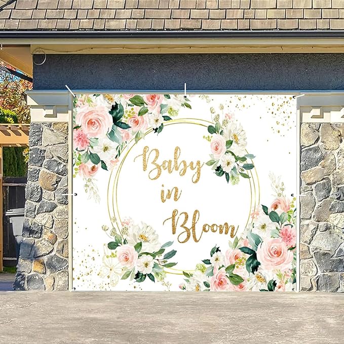Baby in Bloom Baby Shower Garage Door Cover Banner Decorations Backdrop 7x8ft Pink Boho Floral Golden Loop Garage Door Backdrop Baby Shower Cake Table Outdoor Garage Door Banner Decorations