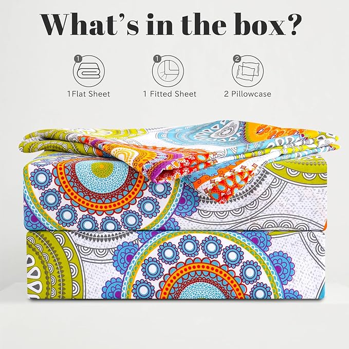 Bedlifes Queen Sheet Set Ultra Soft, Breathable, Silky Flower Deep Pocket 100% Microfiber Bedding, 4 Piece Queen Size Mandala Patterned