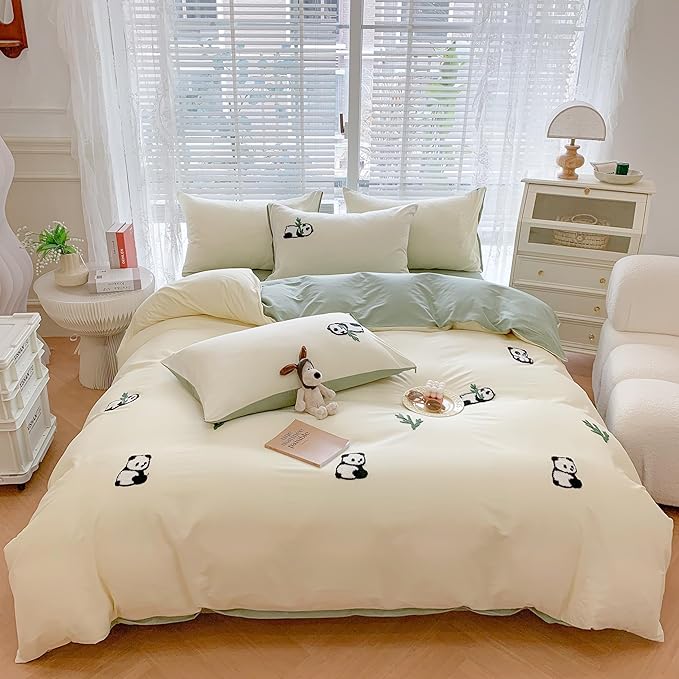 MorroMorn Twin Duvet Cover Cotton, Green 3D Embroidery Twin Bedding Sets, Cute Chenille Embroidered Comforter Covers Summer Blanket Soft for Girls Boys Kids Teen Preppy Dorm (Panda, Twin/Twin XL)