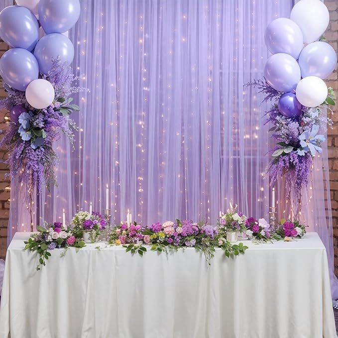 10x10ft Purple Tulle Backdrop Curtain with Lights String for Parites, Sheer Backdrop Curtains for Wedding Baby Shower Birthday Party Photo Shoot Decorations