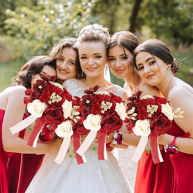 Set of 6 Bridesmaid Bouquets for Wedding - 9 Inch Luxury Artificial Flowers Bouquets for Ceremony Anniversary Centerpieces Decorations - Burgundy & Gold & White