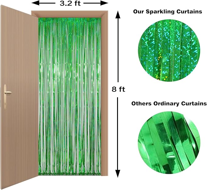 Melsan Foil Curtain Backdrop, 2 Pack 3.2 ft x 8.2 ft Tinsel Foil Fringe Curtains, Sparkle Metallic Foil Fringe Curtains for Christmas Party Decorations Photo Booth Props Decoration, Green