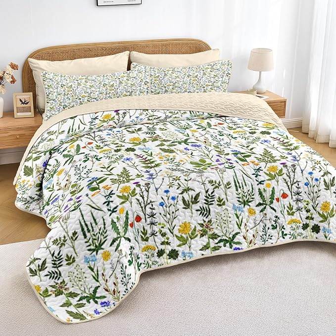 Quilt Set Twin Size, Garden Floral 2 Pcs Soft Bed Cover Bedding Set, Country Rustic Farmhouse Lightweight Bedspread Coverlet with Pillow Sham for All Season