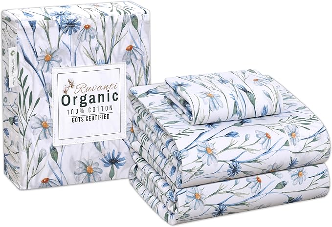 RUVANTI 100% Organic Cotton Sheets Twin XL, Percale Weave, GOTS Certified, 3-Piece Set, Deep Pocket 15", Crisp & Breathable, Soft Durable Bedding, Sábanas Algodón Orgánico – Daisy Bud