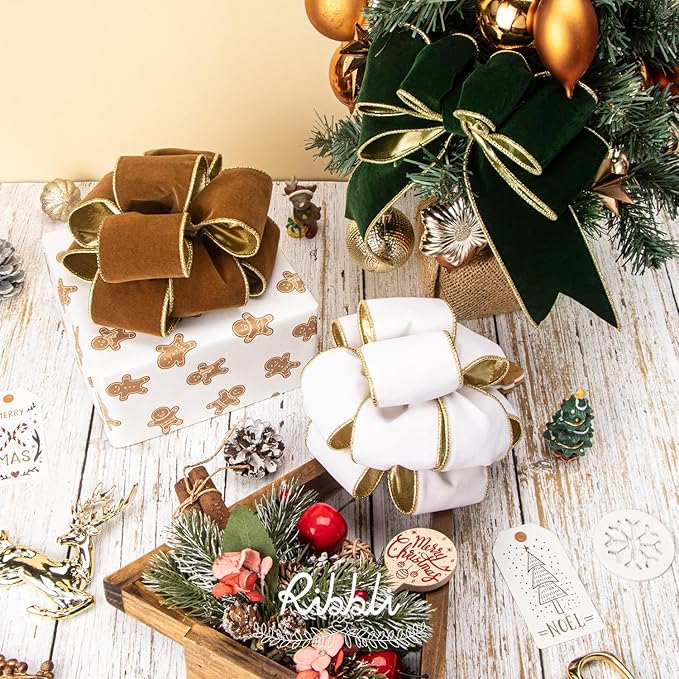 Ribbli White Velvet Wired Ribbon 2.5 Inch Luxury Matte Velvet Christmas Ribbon for Gift Wrapping Christmas Tree Decoration Crafts Wreaths Supplies - 10 Yards