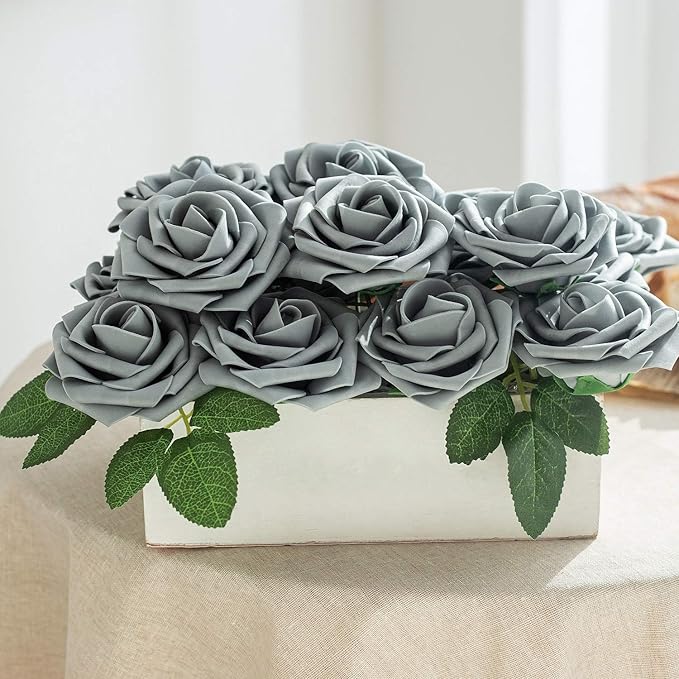 Artificial Flower Foam Rose 25pcs Real Looking Fake Rose with Stems Leaves for Home Decoration Party Garden Centerpieces DIY Wedding Bouquets(Grey)