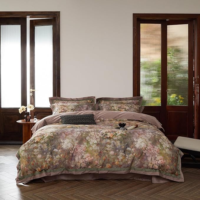 VM VOUGEMARKET Garden Flower Duvet Cover Set Queen,3 Pieces Pink Floral Duvet Cover with 2 Pillow Shams Smooth Silky Long Staple Cotton Bedding Set-Queen,90x90 Inch