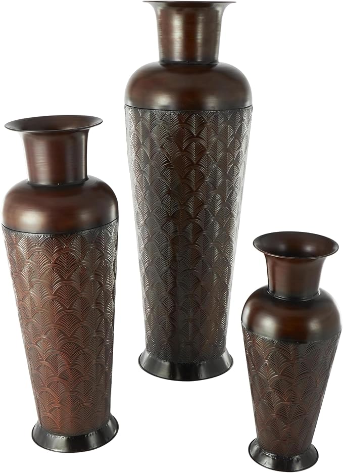 Deco 79 Metal Decorative Vase Tall Centerpiece Vases with Geometric Designs, Set of 3 Vases for Home Decoration 53", 40", 27" H, Dark Brown