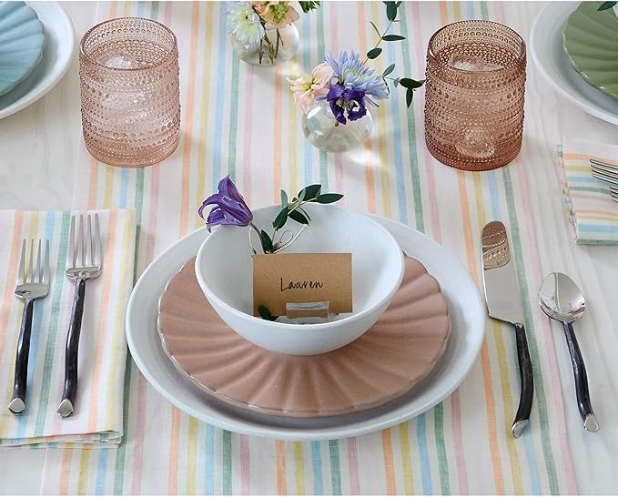 Solino Home Striped Linen Table Runner 108 Inches Long - Julia 100% Pure Linen Multicolor Muted Pastel Stripe Dining Table Runner 14 x 108 Inch for Spring, Easter
