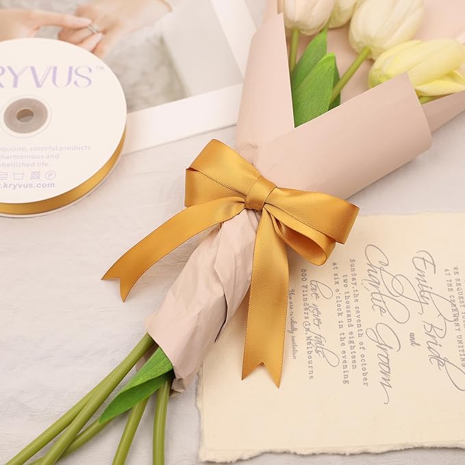Old Gold Satin Ribbon, Double Faced 1 Inch X 25 Yards Old Gold Ribbon, Premium Satin Ribbon for Gift Wrapping, Crafts, Hair Bow Making, Sewing, Flower Bouquet, Wedding Party Decor
