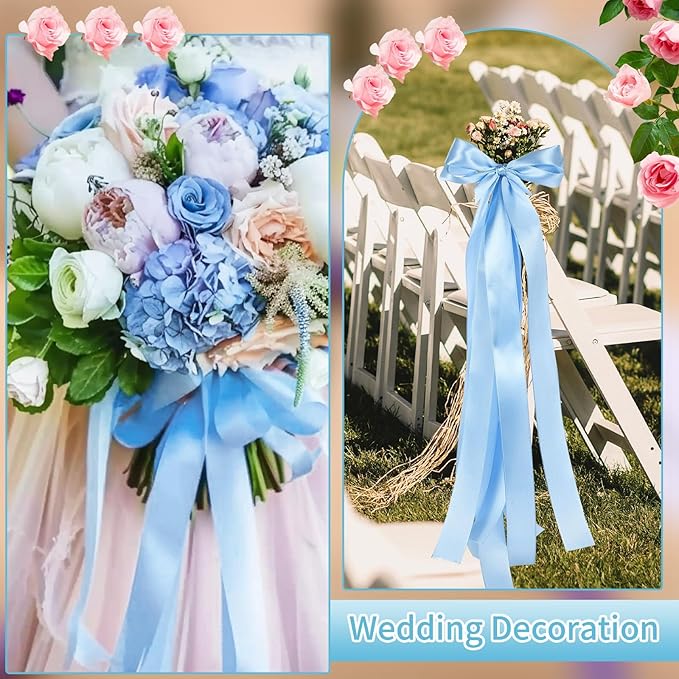 Blue Ribbon 1 1/2 Inch 60 Yards Light Baby Blue Satin Ribbon for Baby Bridal Shower Nursery Party Decor Beach Wedding Bows Crafts Flower Bouquet Gift Wrapping Wreath Christmas