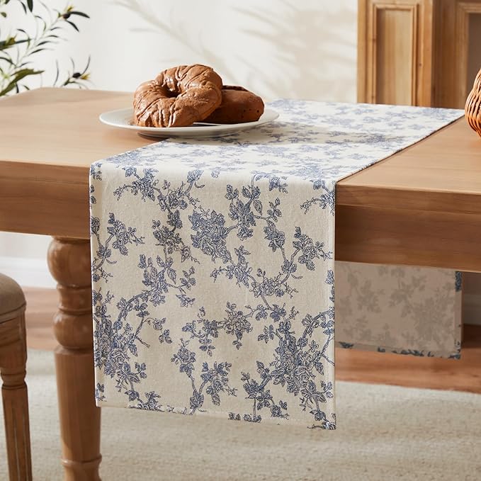 100% Cotton French Pastoral Table Runners, 13x36 Inch Blue Farmhouse Table Runners 36 Inches Long, Vintage Flowers Print Home Decors