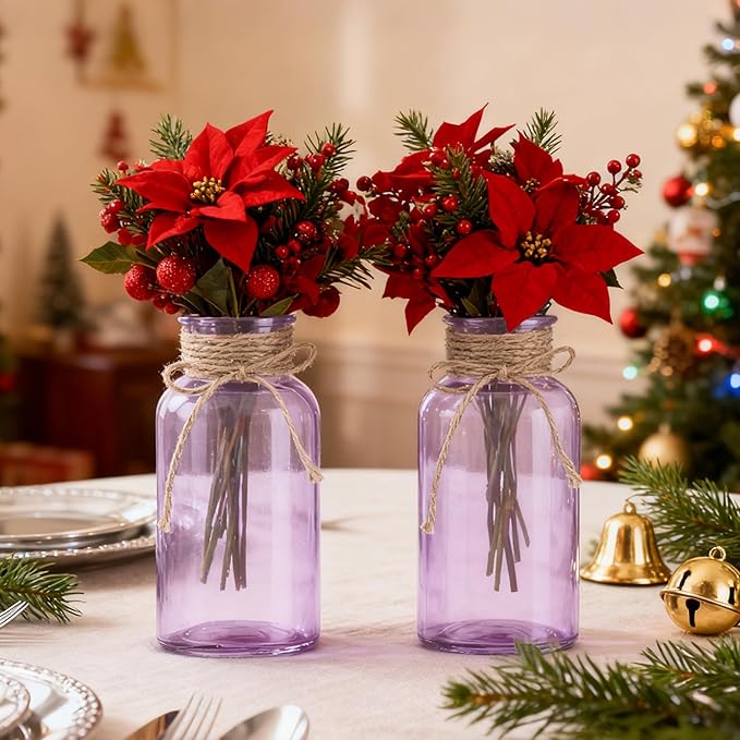 Vintage Glass Flower Vase,3 Pack Farmhouse Purple Glass Centerpiece Vases Mason Jars for Weddings, Parties & Home Decor Bulk (3, Purple)
