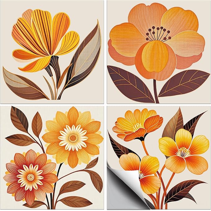 CHGCRAFT 36 Pcs 4 Style Wall Stickers Orange Flowers Peel and Stick Wall Tile Sticker Art Flowers Waterproof Self Adhesive Stick on Tile Decals for Kitchen Bathroom Art Decor, 4×4 Inch